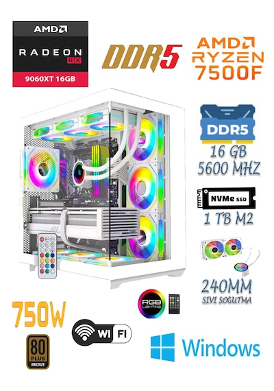 Apphirex Prime 95W R5-7500F 16 GB 1 TB SSD 16 GB RTX5060  W11P Masaüstü Oyuncu Bilgisayarı