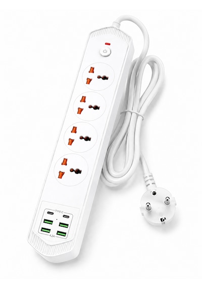 4 Lü Akım Korumalı Evrensel Priz 3000w 10a, 2 Type-c + 4 Usb-a, 2 Metre Kablolu Çoklu Priz 1 - 3 M