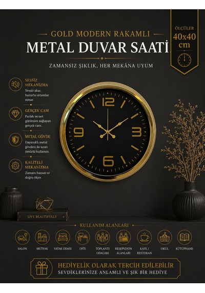 Gold Modern Rakamlı 40 Cm Metal Duvar Saati