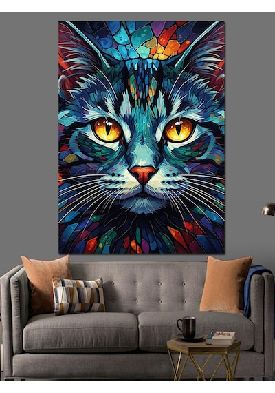 Ahşap Tablo Neon Renkli Kedi Portresi