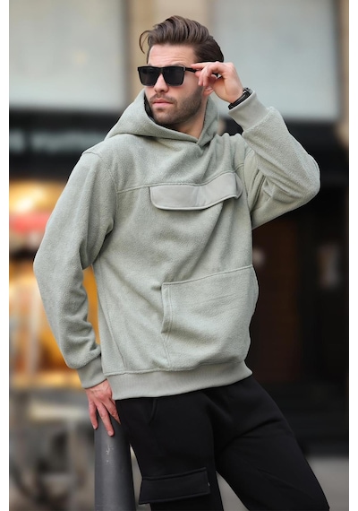 Madmext Çağla Yeşili Kapüşonlu Kapaklı Cep Detaylı Polar Erkek Sweatshirt 7097 Yeşil