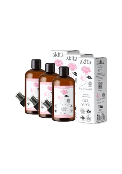 Akita Doğal Yağı Alınmamış Gül Suyu Cam Şişe 3 x 100 ML