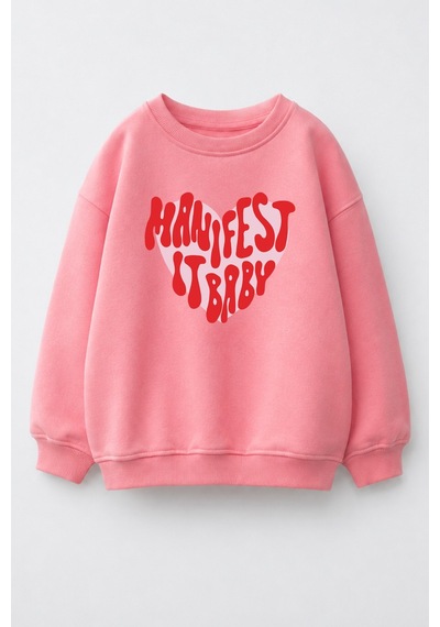 Monila Kız Çocuk 3 İplik Kumaş Baskılı Pamuklu Sweatshirt Pembe