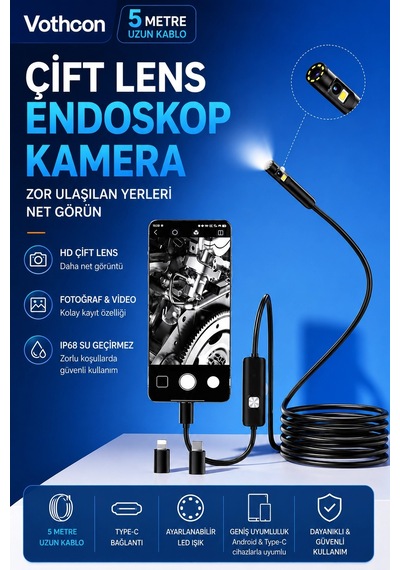 5 Metre Çift Kameralı İos/android Uyumlu Yılan Endoskop Kamera 8mm 2mp Led Li Sert Kablo Çok Renkli