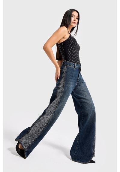 Itsbasic Kadın T.kot Rengi 2w49 Parlak Taş Detaylı Wide Leg Fit Tasarım Denim Jean Kırmızı