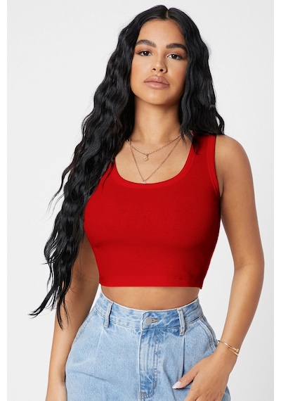 Angbutik Kadın Kırmızı Kare Yaka Crop Top Bluz