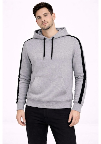 Barlashive Erkek Şeritli Kapüşonlu Sweatshirt Oversize 3 İplik Pamuklu Hoodie - Gri Çok Renkli