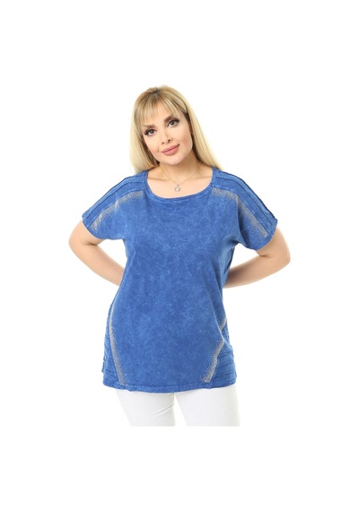 Mia Butik Büyük Beden Mavi Yuvarlak Yaka Bluz-1059 Mavi