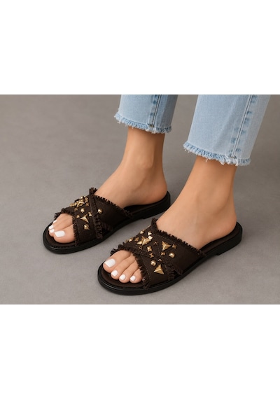 Dabab Shoes Helıa Kadın Gold Taş Detaylı Hasır Dokulu Fraseli Düz Acı Kahve Terlik Kahverengi Dabab Shoes Helıa Kadın Gold Taş Detaylı Hasır Dokulu Fraseli Düz Acı Kahve Terlik Kahverengi
