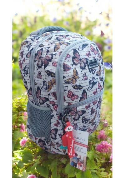 Butterflies Kelebekler Desenli Okul Çantası Ve Beslenme Çantası Maskot Anahtarlık Hediyeli Çok Renkli