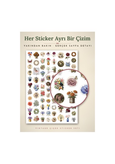 Vintage Çiçek Sticker Seti 424 Adet 9 Farklı Boy Botanik Ajanda Scrapbook Journal 6 A4 Sayfa Çok Renkli