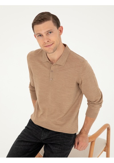Cacharel Camel Slim Fit Yün Karışımlı Polo Yaka Basic Triko Kazak Kahverengi