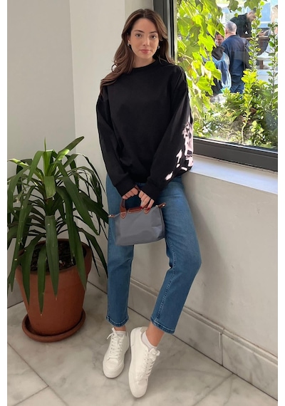 Siyah Bisiklet Yaka Basic Sweatshirt Mg2185