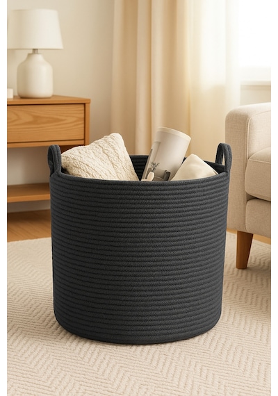 Mavaux El İşçiliği Dokulu Büyük Boy Sepet 40 X 36 Cm Dekoratif Ev Düzeni, Oyuncak Ve Çamaşır Organizer Antrasit