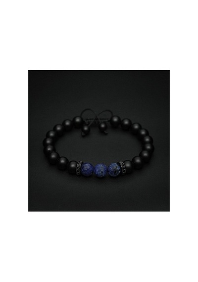 Lapis Lazuli Ve Mat Oniks Erkek Doğal Taş Bileklik - Ayarlanabilir Makrome, 8 Mm, Üç Lapis Lazuli Ta Siyah