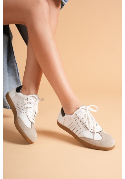 Analin Shoes Kadın Hakiki Deri Bağcıklı Süet Detaylı Spor Ayakkabı Beyaz Vizon