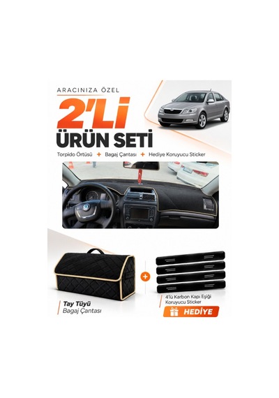 E-biz Skoda Octavia 2009-2012 Uyumlu Torpido Örtüsü + Tay Tüyü Bagaj Çantası - Siyah-bej - Sk009
