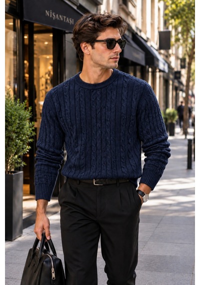 Cool Tarz Erkek Saç Örgü Desenli Bisiklet Yaka Triko Kazak Regular Fit Akrilik Pamuk Karışımlı Lacivert Lacivert Cool Tarz Erkek Saç Örgü Desenli Bisiklet Yaka Triko Kazak Regular Fit Akrilik Pamuk Karışımlı Lacivert Lacivert