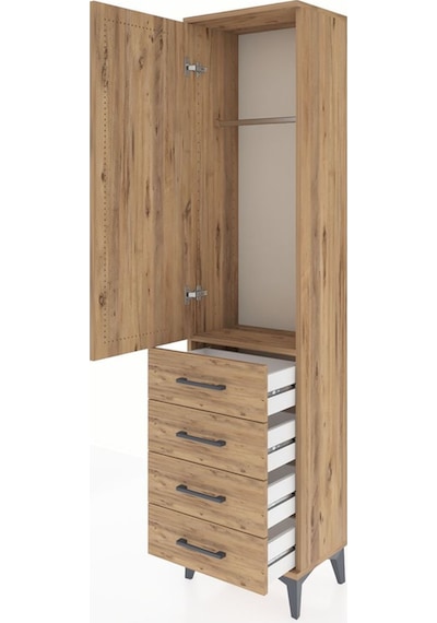 Arges Dolap Tek Raflı 4 Çekmeceli Tek Askılı 44x30x182 Çam-çam Çam