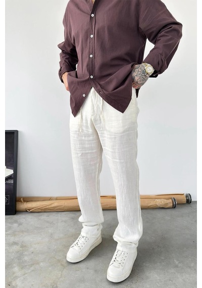Bej Basic Baggy Keten Pantolon