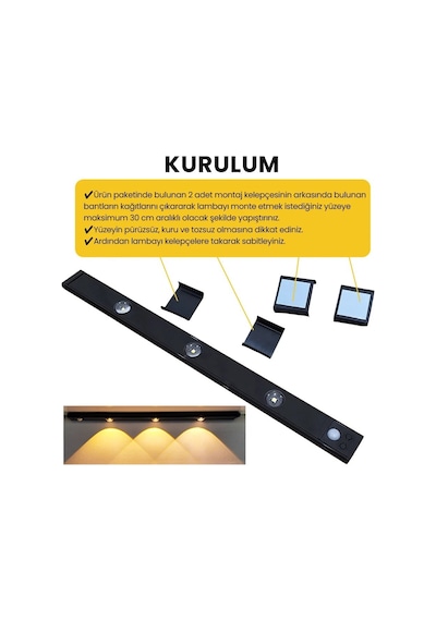 Upway Sensörlü 40 Cm 3 Lü Led Lamba 3 Renkli Ayarlanabilir Tezgah Merdiven Dolap Aydınlatma Siyah