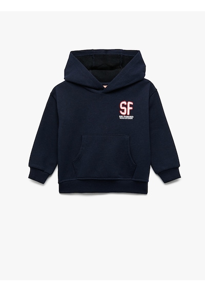 Koton Baskılı Şardonlu Cep Detaylı Uzun Kollu Kapşonlu Sweatshirt Lacivert 7wmb10031tk
