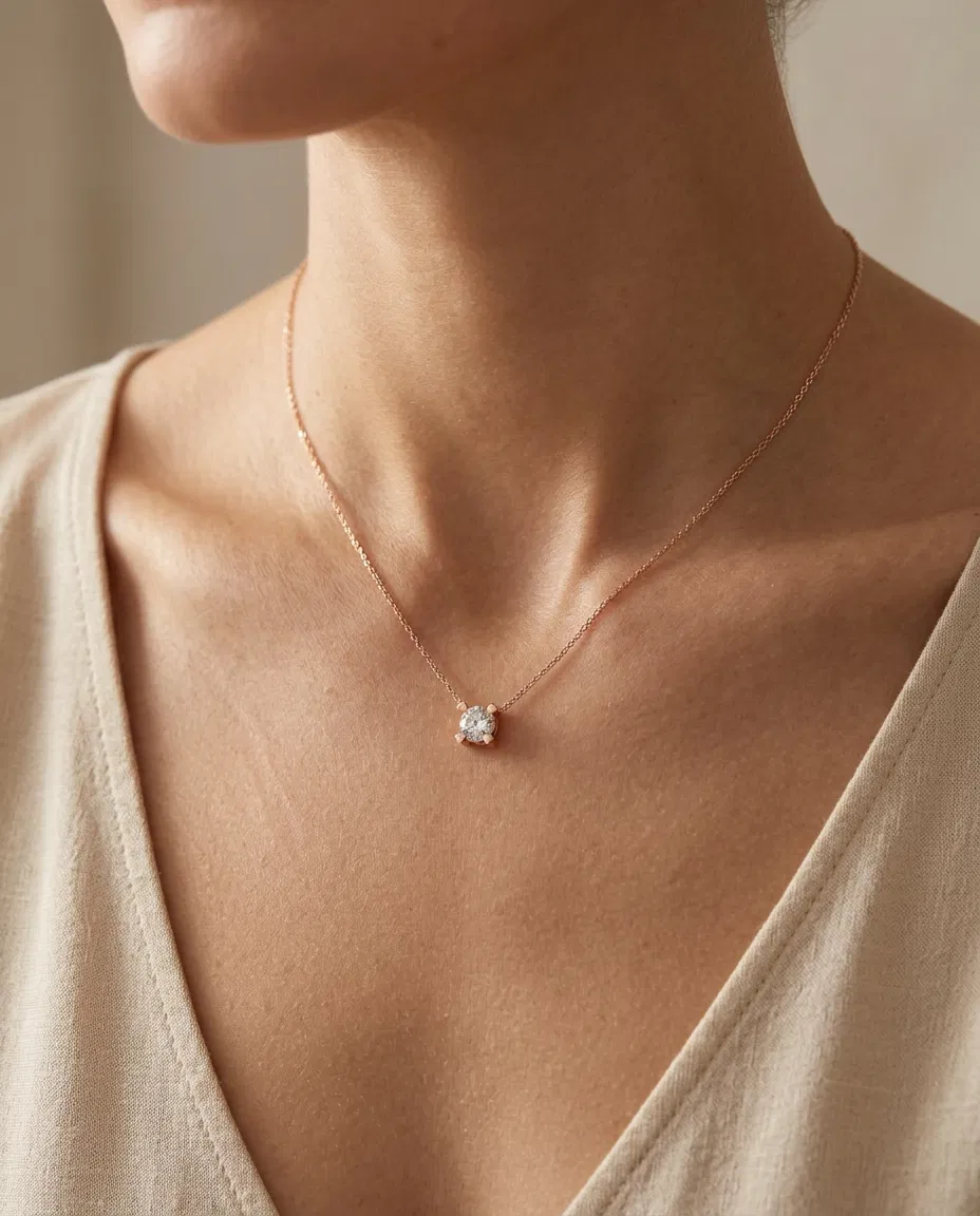 925 Ayar Gümüş Tektaş Zirkon Taşlı Rose Gold Kadın Kolye