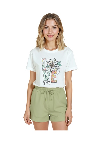 Kadın Beyaz Relaxed Fit %100 Pamuk Tişört Love Harfli Çiçek Bas Beyaz