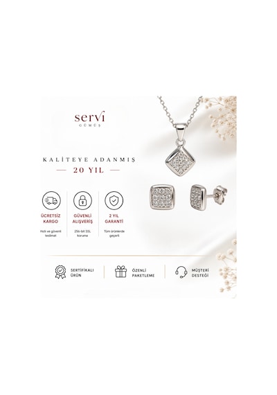 Servi 925 Ayar Gümüş Modern Kare Zirkon Taşlı Kolye Ve Küpe Set-515