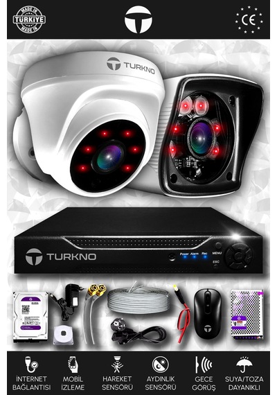 Turkno 2 Kameralı Karia 1 İç Kamera Set 250 GB HDD Full HD Gece Görüşlü Güvenlik Kamerası Sistemi