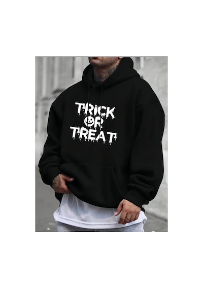 Medinenur Trick Or Treat Baskılı Kapüşonlu Cepli Sweatshirt siyah