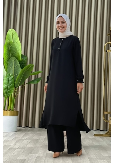 Mismoly Tesettür İkili Takım Uzun Tunik Bol Paça Pantolon 4006-siyah Siyah