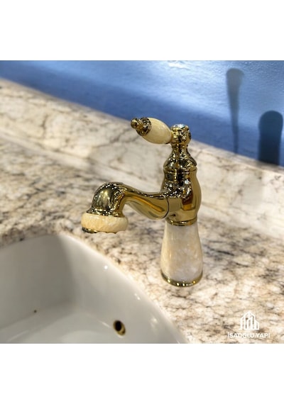 İsaoğlu Yapı Gold Lavabo Bataryası Bal Mumu Mermer Tasarım Uzayabilen Gold Armatür Musluk Pirinç Gold