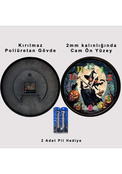 Cadılar Bayramı Cadısı Temalı Dekoratif Duvar Saati 28 Cm Sessiz Mekanizma Çok Renkli