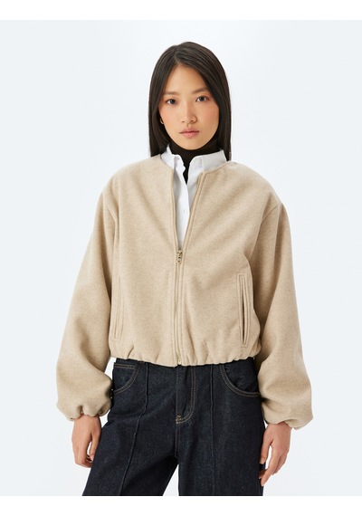 Koton Crop Bomber Ceket Yuvarlak Yaka Fermuarlı Vizon 5wak20353ew Vizon VIZON