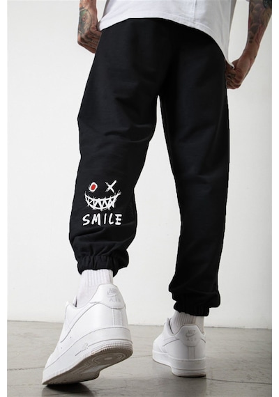 Smile Face Siyah Jogger Eşofman Altı - Paça Baskı Detaylı Lastik Paça Baskılı Rahat Tarz Siyah Smile Face Siyah Jogger Eşofman Altı - Paça Baskı Detaylı Lastik Paça Baskılı Rahat Tarz Siyah