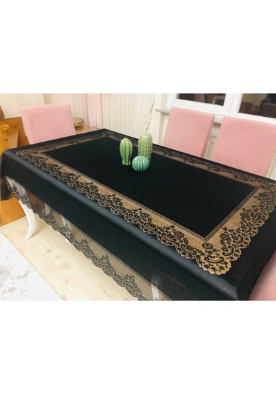 Çini Desenli Dertsiz Leke Tutmaz Dantelli Masa Örtüsü Siyah