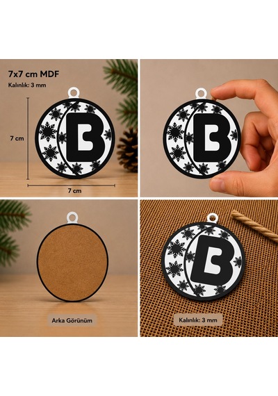 B Harf Yılbaşı Süsü Mdf Çam Ağacı Desenli Asılabilir Dekor 7x7 Cm
