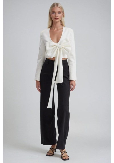 Büyük Fiyonk Detaylı Derin V Yaka Crop Blazer Ceket 6188 Beyaz