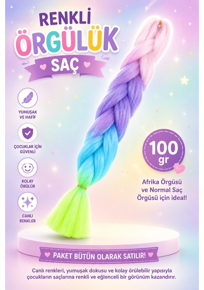 Premium Toz Pembe-mor-mavi-yeşil Ombreli Örgülük Saç 100gr