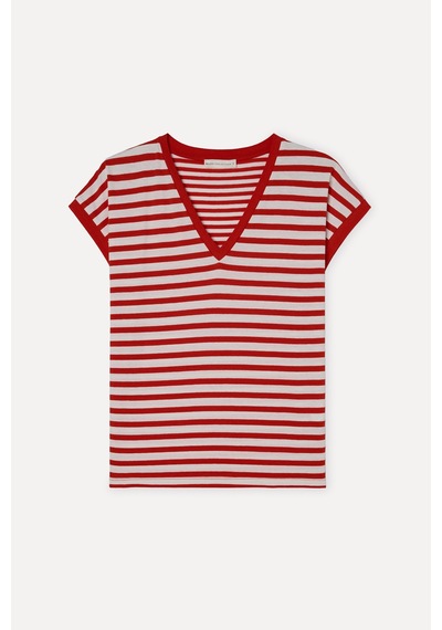 Mudo Kadın Kadın Kırmızı Çizgili Loose Fit V Yaka T-shirt 1268724 Kirmizi