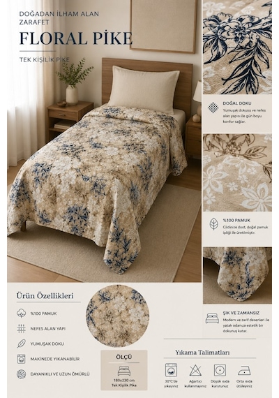Tek Kişilik Pike Yatak Örtüsü %100 Pamuk 170x230 Lacivert