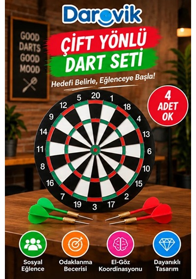 Çift Taraflı Dart Tahtası Seti 4 Çelik Oklu Dart Hedef Tahtası Oyunu Takımı