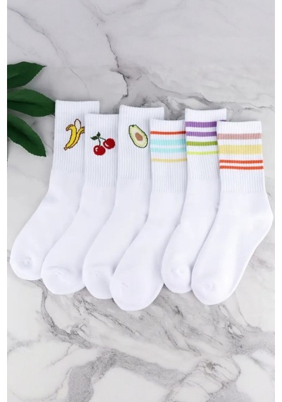 Hitit Socks Kadın 6 Çift Premium Kalite Renkli Çizgili Ve Meyve Desenli Nefes Alabilen Tenis Çorabı Beyaz