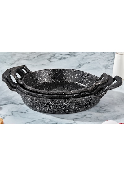 3'lü Döküm Granit Sahan Seti, Tava Seti-18cm-20cm-22 Cm İç Caplar Siyah