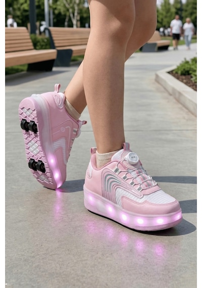 Muggo Flow Çocuk Işıklı Patenli Tekerlekli Sneaker Spor Ayakkabı Pudra