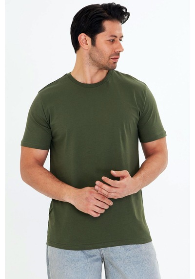 Trendhill Erkek Haki Pamuklu Bisiklet Yaka Büyük Beden T-shirt Hki5014b