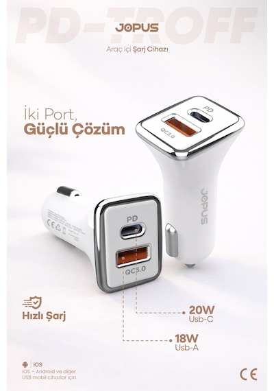 Jopus USB ve Type-C Girişli 38W Hızlı Araç Çakmaklık Şarj Aleti Başlığı Universal JO-A7