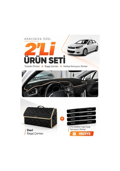 E-biz Cıtroen C4 2011-2020 Uyumlu Torpido Örtüsü + Deri Bagaj Çantası Seti - Siyah-bej - Cı008