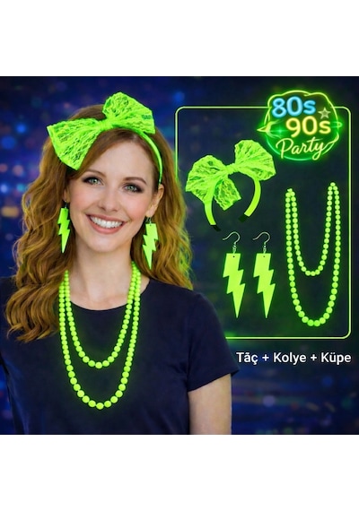 80 Ler 90 Lar Neon Yeşil Parti Seti Kolye Küpe Taç 1